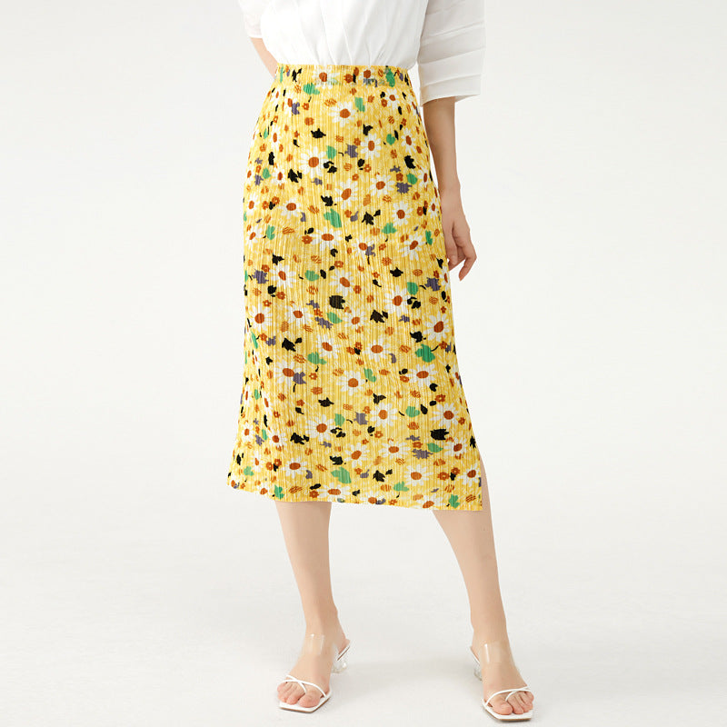 Mid-Waist Skirt Mid-Length Slimming Women's Fold Floral Long Skirt Summer Skirt