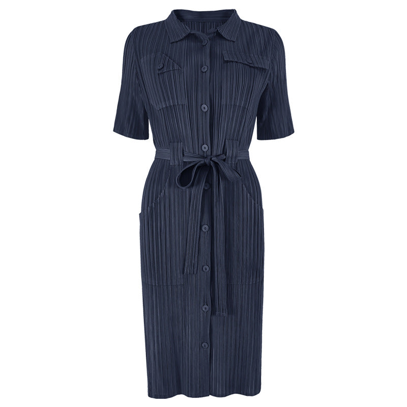 Plus Size Dress Slim Waist Solid Color Pleated Lapel Mid-Length