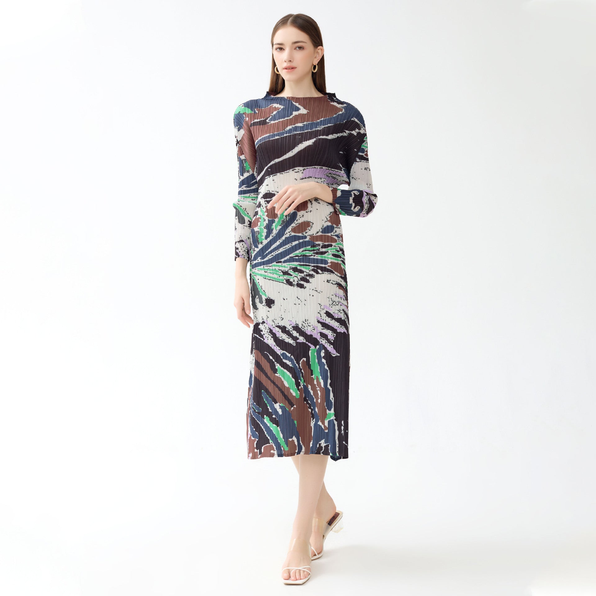 Autumn A- line Skirt Printed Half Collar Casual Pleated Long Sleeve Classic Style Dress Women