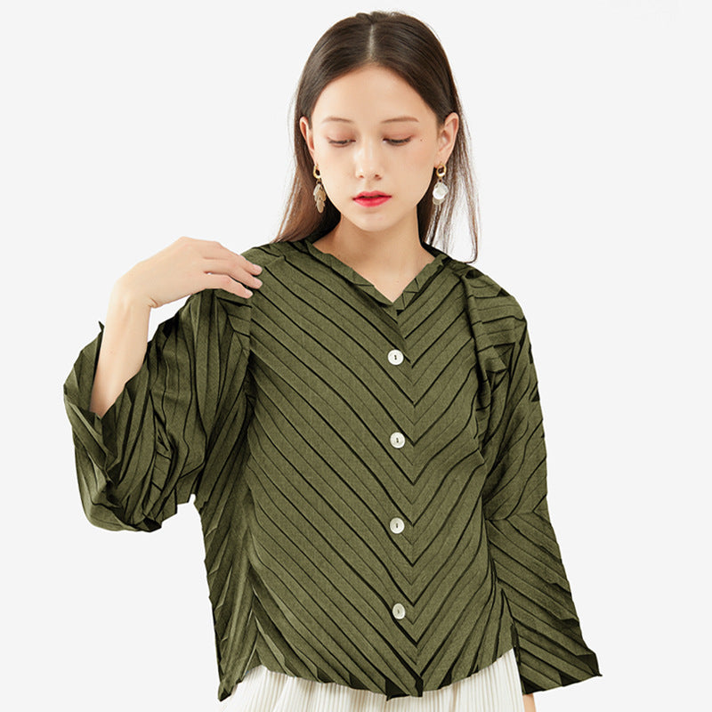 Elegant Versatile Top Unique Inkjet Striped Flared Long Sleeve Pleated Coat for Women