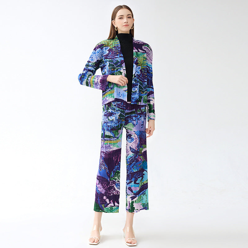 Nanyou Printed Painting Suit Long-Sleeved Jacket Straight Casual Pants Two-Piece Set
