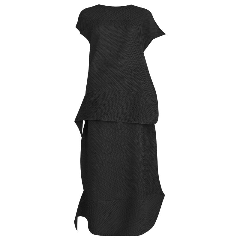 Folding Suit Level Sense Casual Short-Sleeved Top Irregular Skirt Solid Color Two-Piece Set