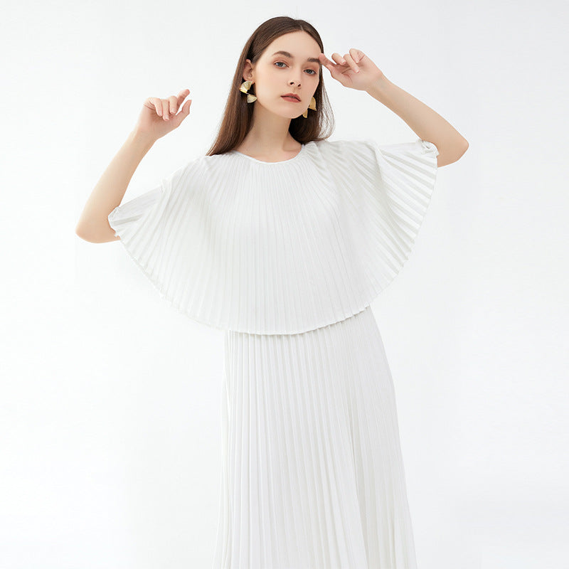 Fake Two Pieces Wool All-Match Dress Women's Graceful Pleated Skirt Solid Color Pleated Skirt