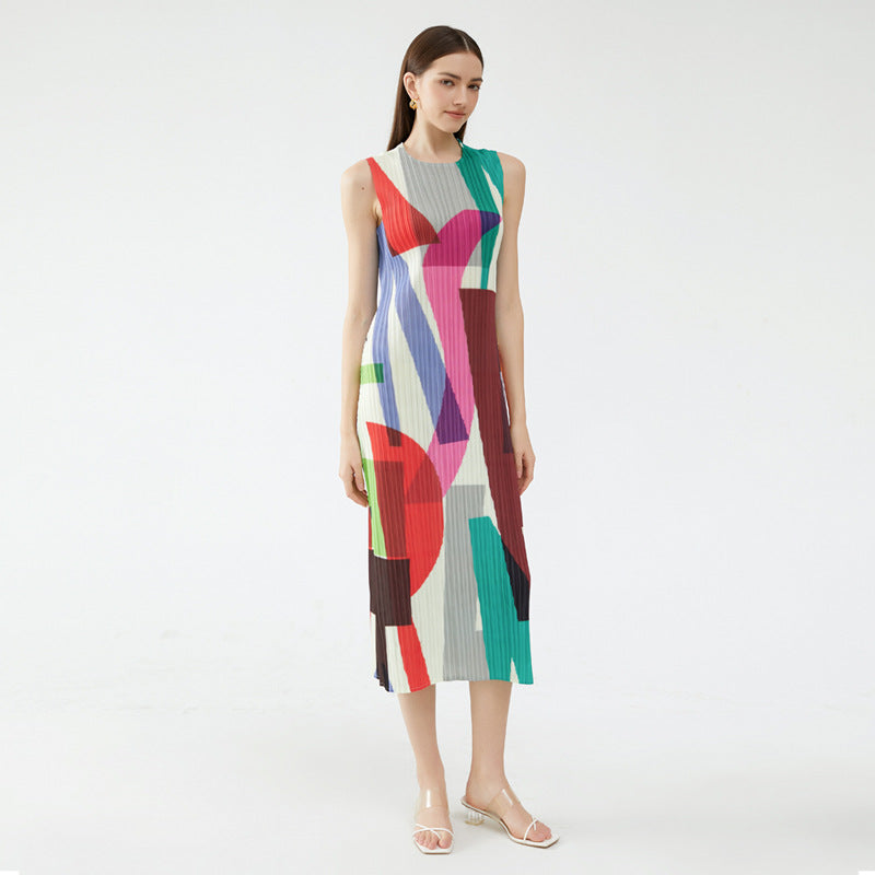 Geometric Sleeveless Slim Fit Dress Women's Long and Simple All-Matching Slimming A- line Skirt