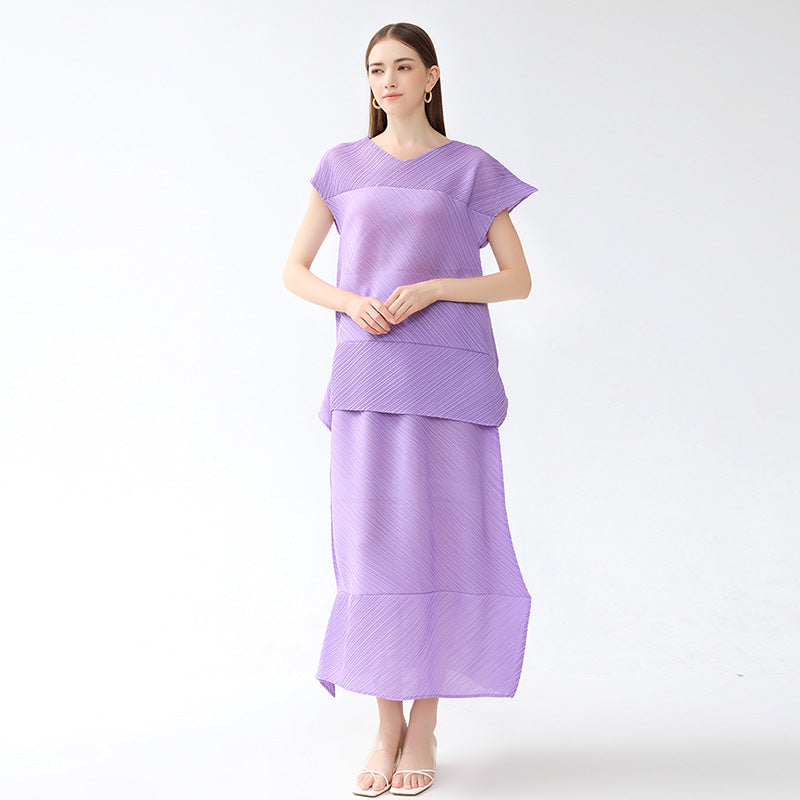 Folding Suit Level Sense Casual Short-Sleeved Top Irregular Skirt Solid Color Two-Piece Set