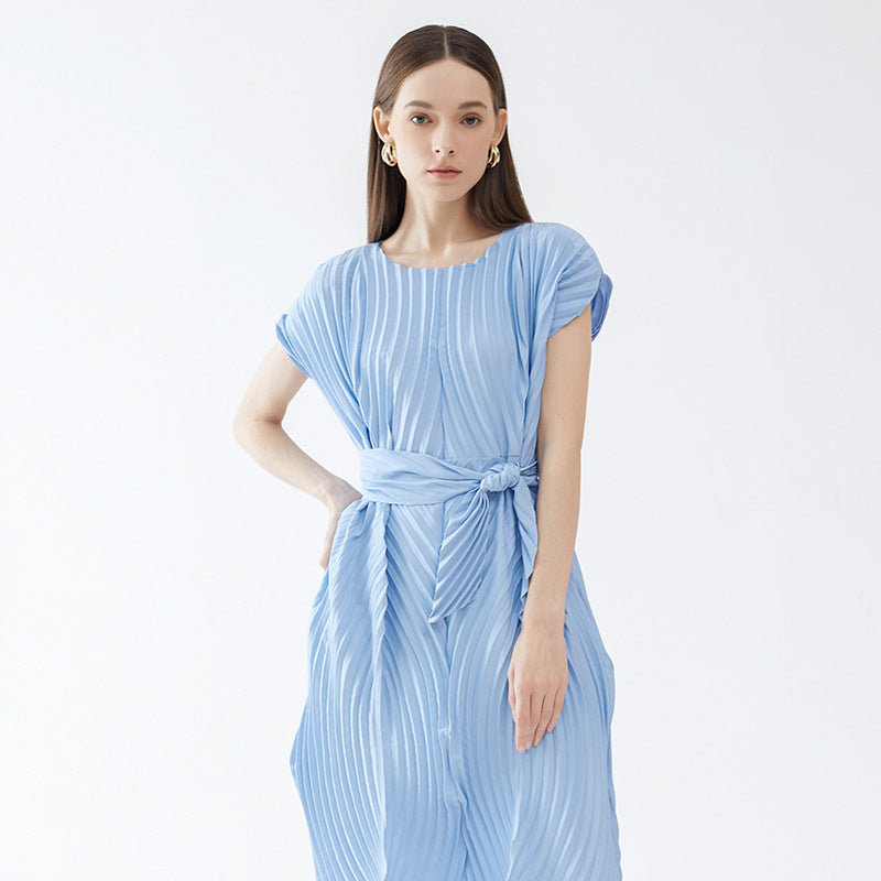 Dress Women's Slim Handmade Pleated round Neck Solid Color Pleated Skirt