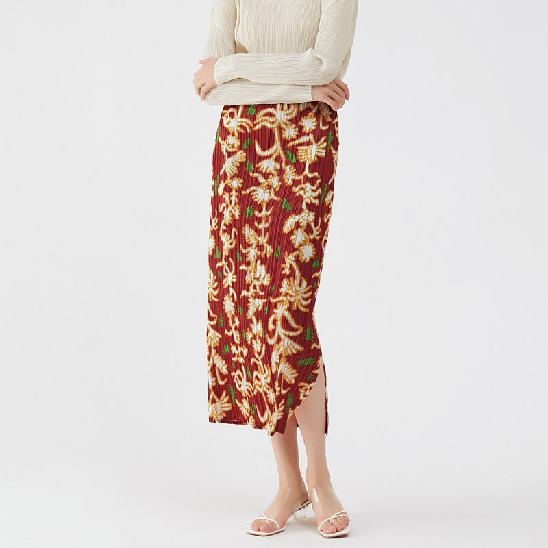 Nanyou Winter Print Waist Slit A- line Skirt Slimming Temperament Sheath Skirt for Women