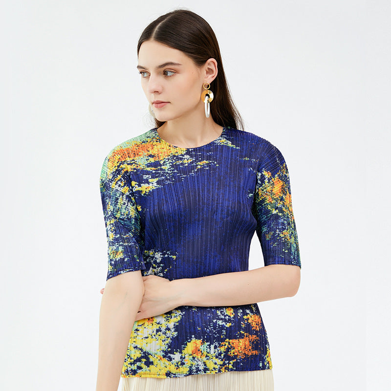 Niche Starry Sky Printed Top round Neck All-Matching T-shirt Female Summer Underwear Blouse