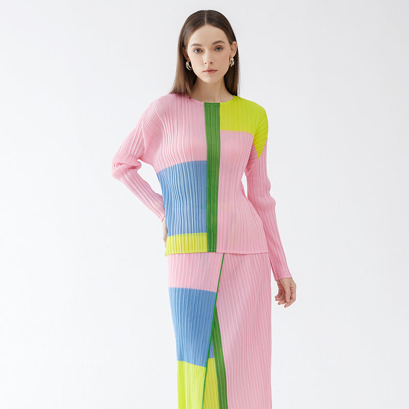 round Neck Long Sleeve Top Waist Casual Pleated Skirt Suit Women's Pleated Two-Piece Suit