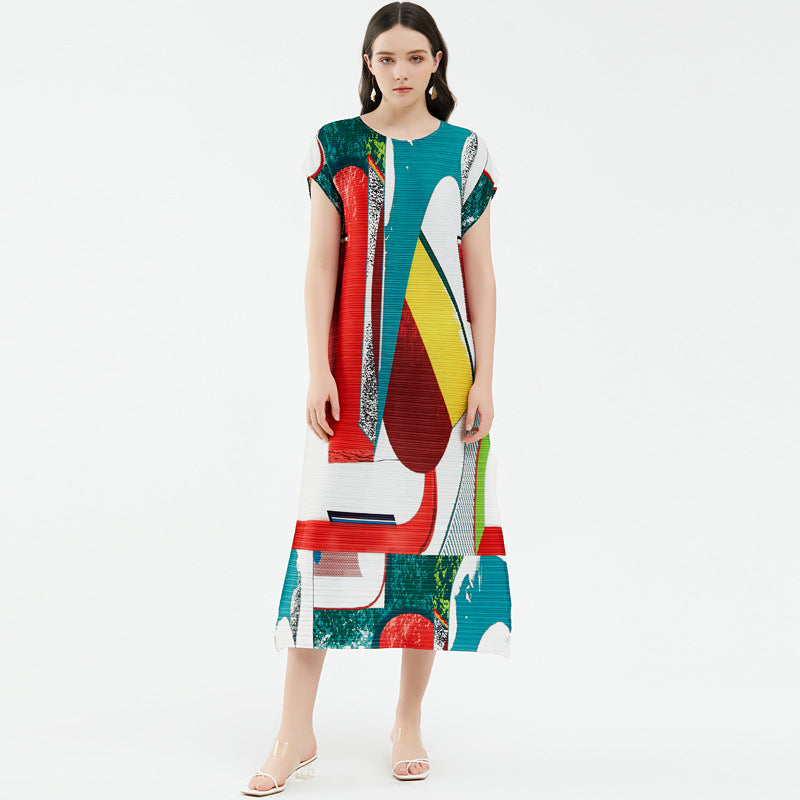 Printed Pleated Short Sleeves Dress Women's Loose Long Dress Design Skirt