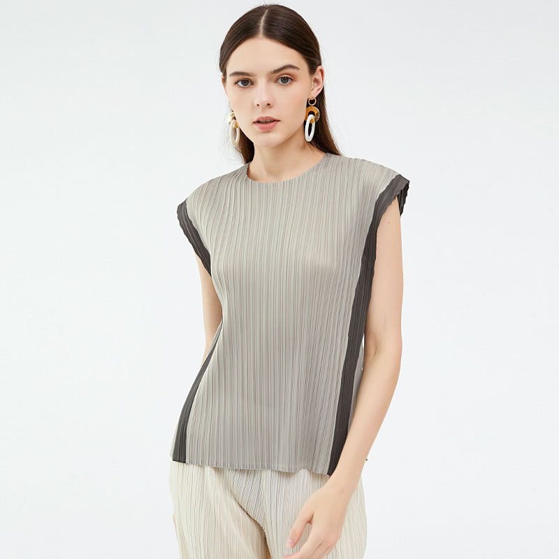 Patchwork Top Design Sense round Neck Pleated Loose T-shirt Women's Casual