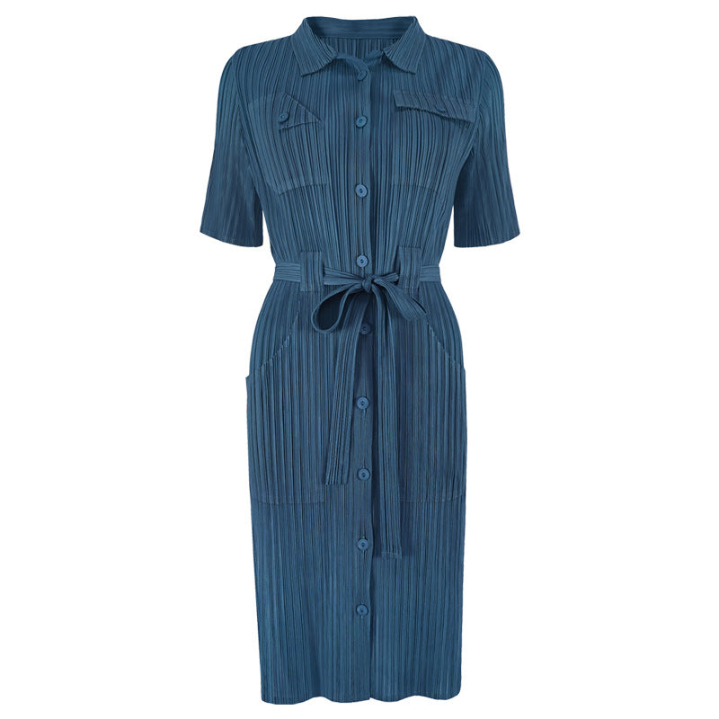 Plus Size Dress Slim Waist Solid Color Pleated Lapel Mid-Length