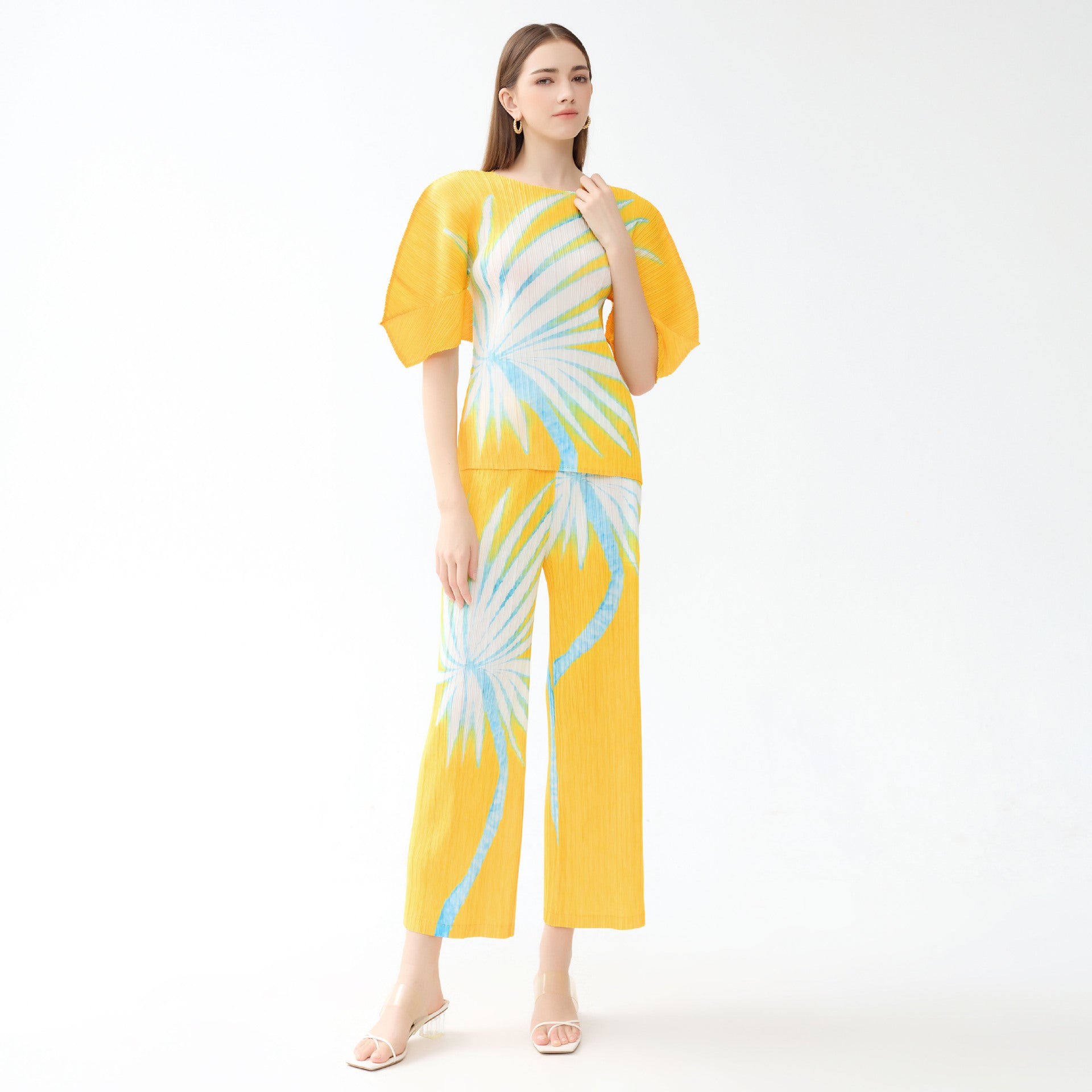 Printed 3/4 Sleeves Straight-Leg Pants Slim Fit Casual Two-Piece Suit