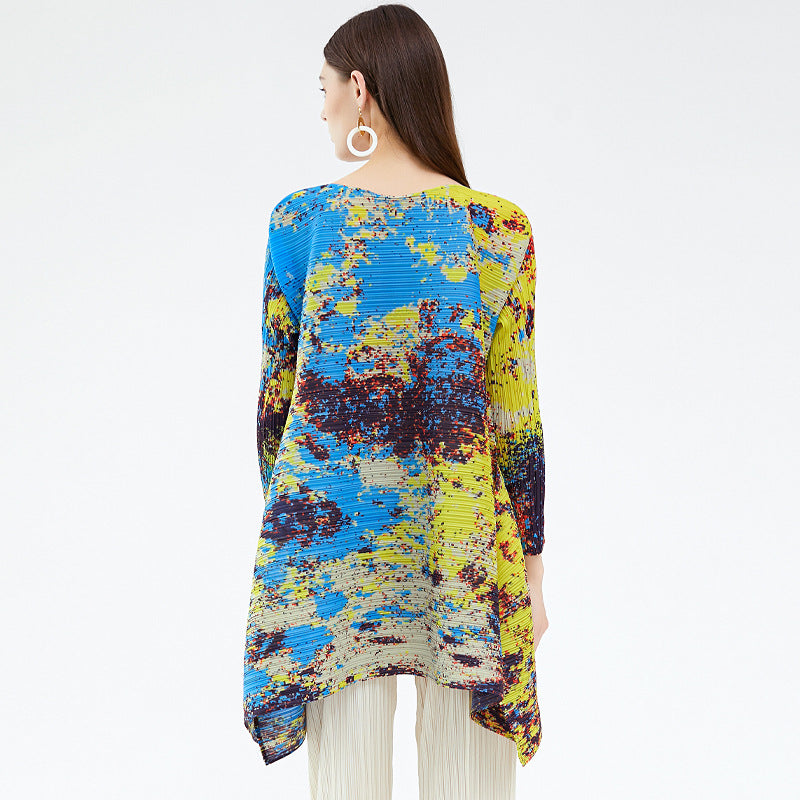 Irregular Contrast Color Long Sleeves Casual Niche Top Women's Starry Sky Printed T-shirt