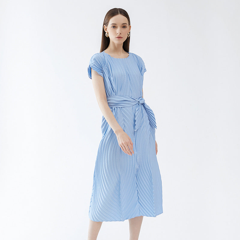 Dress Women's Slim Handmade Pleated round Neck Solid Color Pleated Skirt