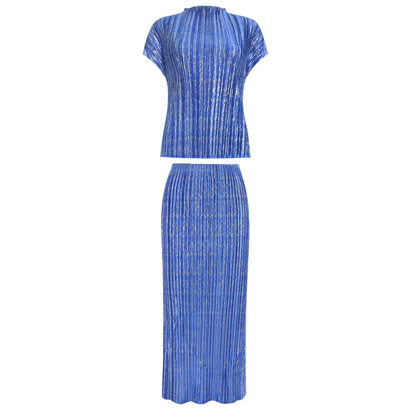 Casual Suit Women's Design Temperament Year Short-Sleeved T-shirt Pleated Skirt Two-Piece Set for Women