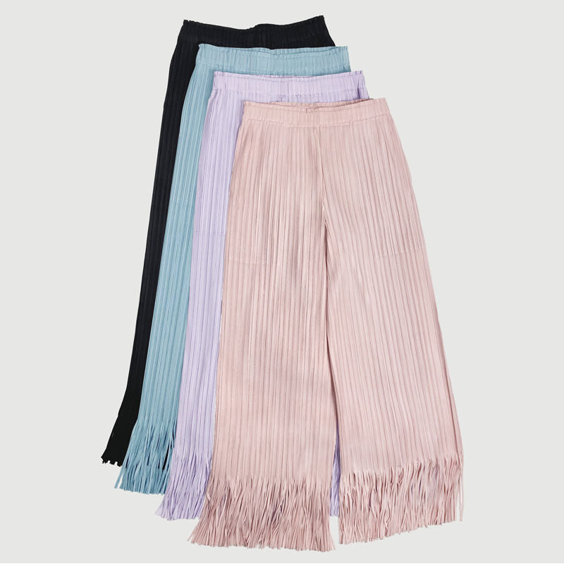 Pleated Design Solid Color Tassel Short-Sleeved Top Waist Trousers Suit Women Two-Piece Suit