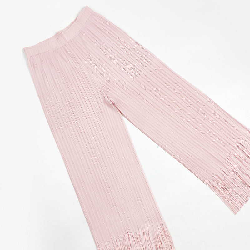 Pleated Design Solid Color Tassel Short-Sleeved Top Waist Trousers Suit Women Two-Piece Suit