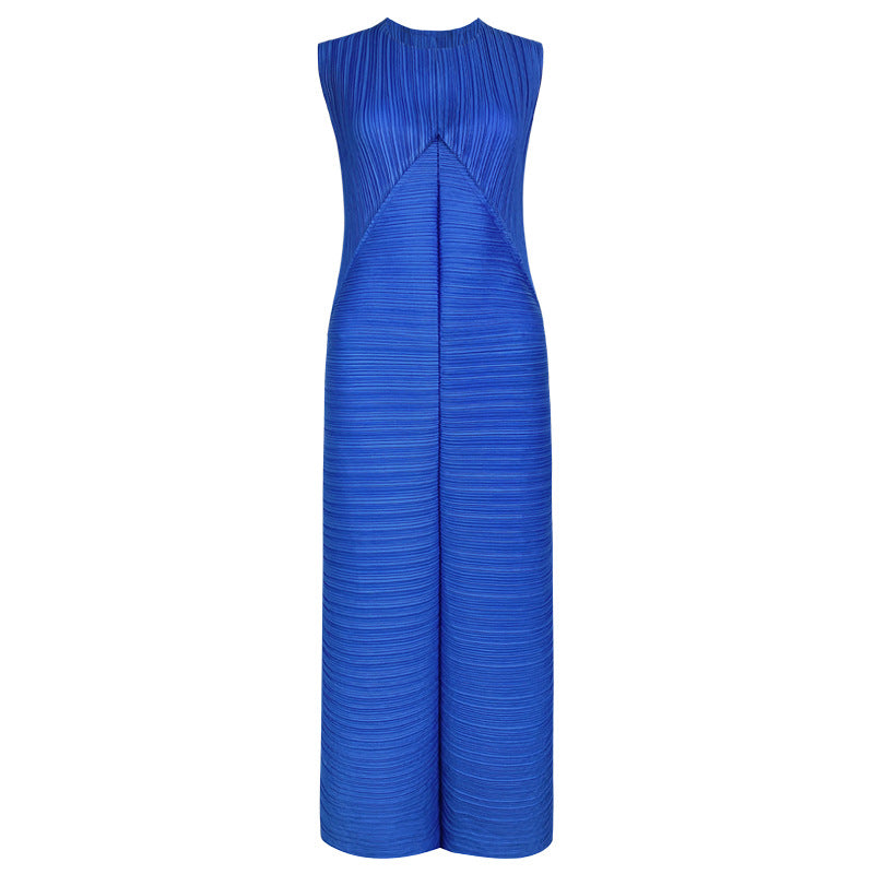 Loose Design Sleeveless Draping Elastic Skirt Folding Long Pleated Casual Dress