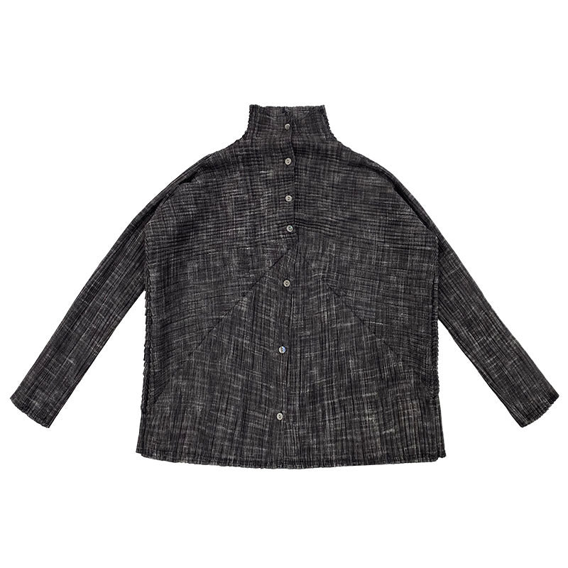 Pleated Gradient Long Sleeve Striped Lapel Cardigan Single-Breasted Casual Women's Shirt