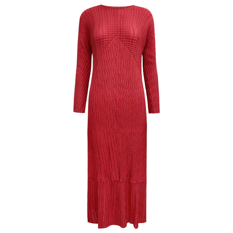 Scale Pleated Dress round Neck Solid Color Long Sleeve Skirt Women's Sense Dress
