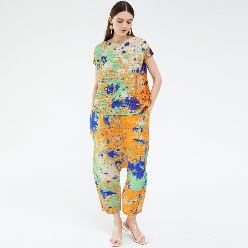 Printing Suit Loose Top All-Match Wide Leg Pants Harem Pants Two-Piece Set for Women