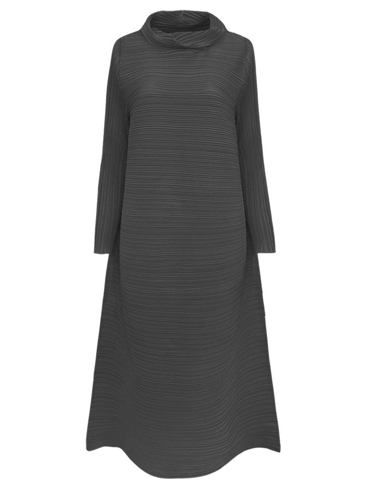 Scarf Collar Dress Women's Loose Long Sleeve Solid Color A- line Midi Dress