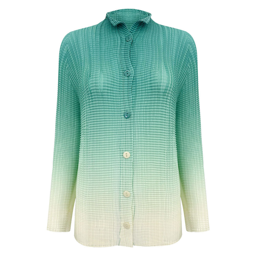 Gradient Pleated Chiffon Shirt Versatile Casual Small Open Collar Sweet Slimming Long Sleeve Printed Top for Women