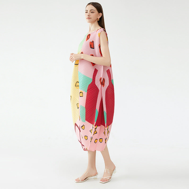 Elegant Style Temperament Pullover Sleeveless round Neck Printing and Dyeing Pleated Umbrella Skirt Dress Women