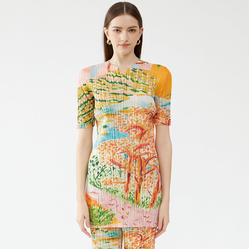 Elegant Tree Painted Printed Small V-neck Short-Sleeved Top Women's Casual Trousers Pleated Suit Women's