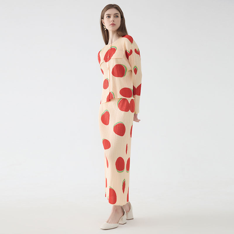 Comfortable Breathable Suit Fu Dou Printed Long-Sleeved Shirt Slim Fit Slit Skirt Two-Piece Set