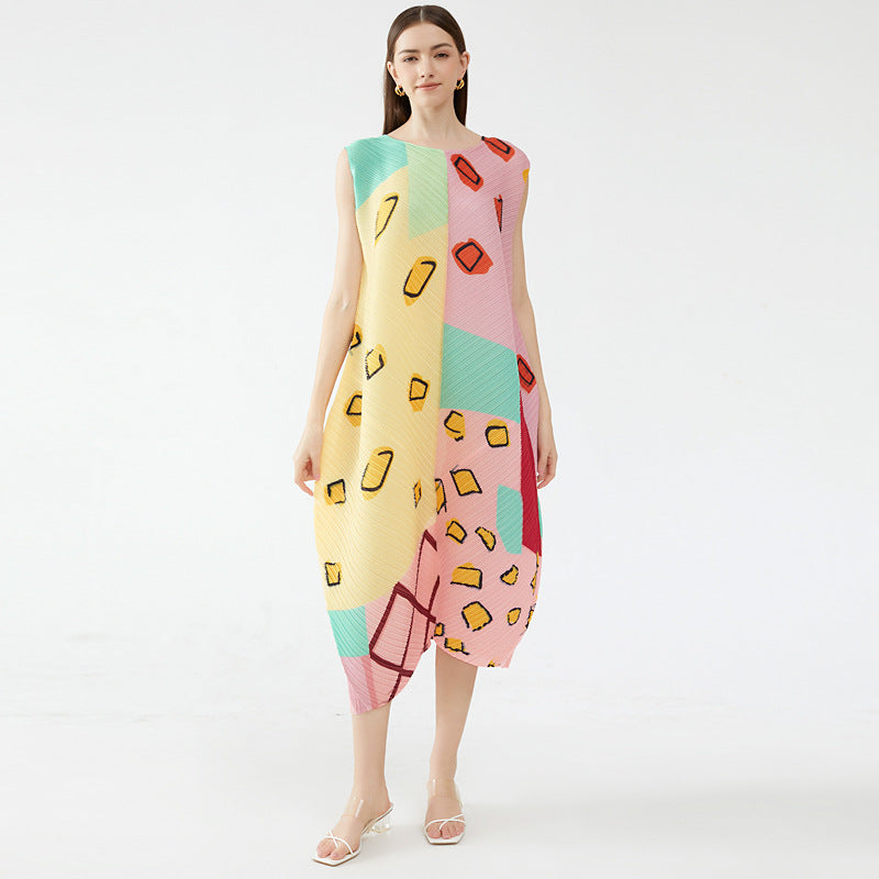 Elegant Style Temperament Pullover Sleeveless round Neck Printing and Dyeing Pleated Umbrella Skirt Dress Women