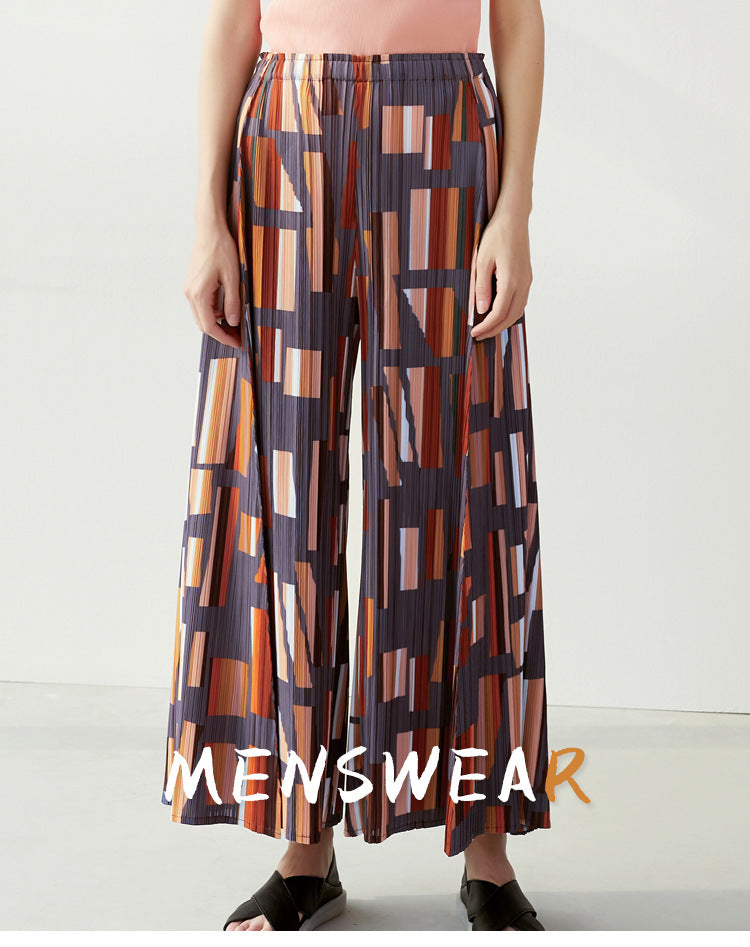Printed Women's Draping Pleated Casual Pants Comfortable Waist Slimming Pocket Wide Leg Pants Women's Straight Outerwear
