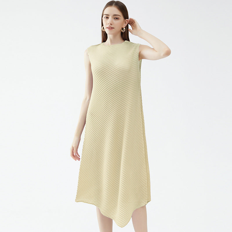 Casual Style Solid Color Asymmetric Skirt round Neck Slim Fit Scale Pleated Dress Women