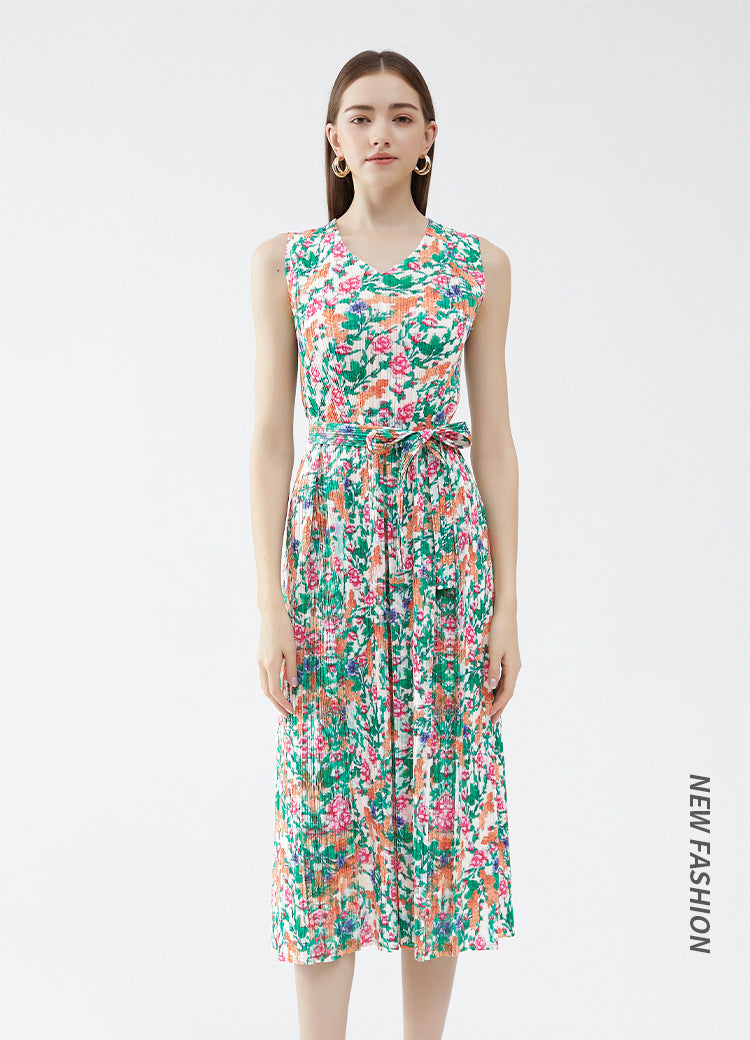 Floral Pleated Dress Waist Lace-up Sleeveless A- line Midi Dress V-neck Stitching