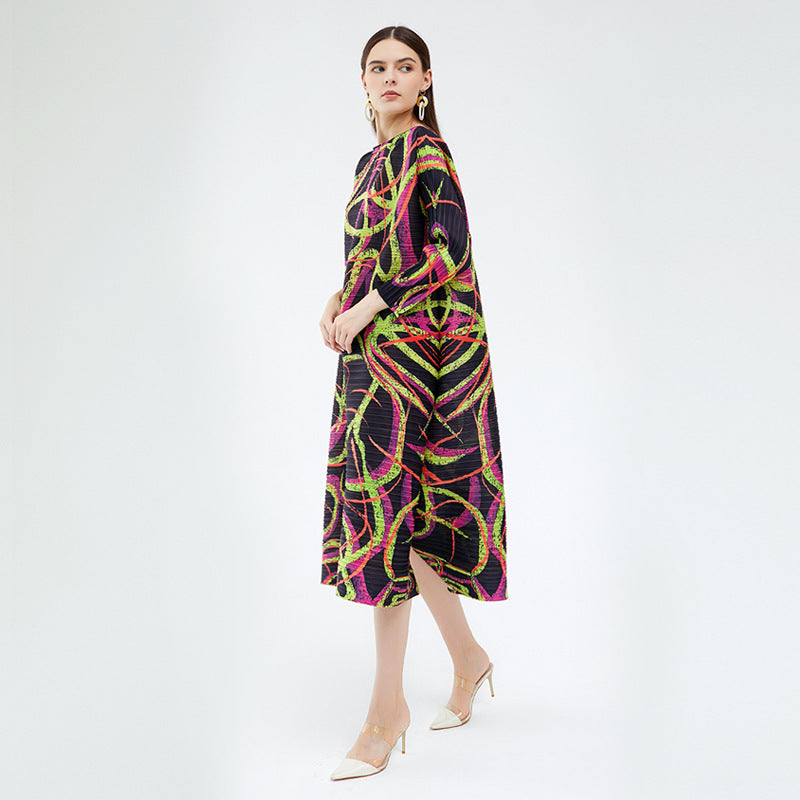 Design Loose Line Floral Print Slit Casual Pleated Midi Dress for Women