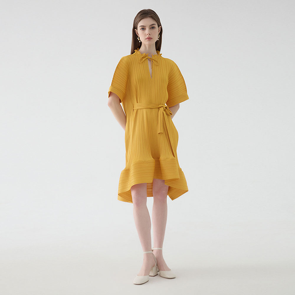 Pettiskirt Short Sleeve Lace-up Dress Women's Mid-Length Simple Loose Solid Color Dress