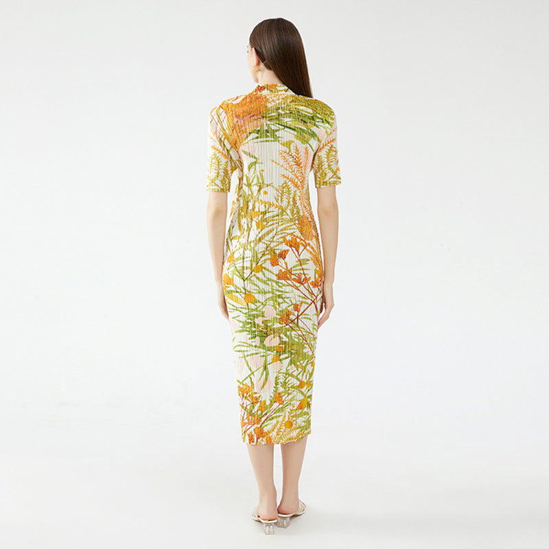 Short Sleeve Printed Cheongsam Dress Elegant Chinese Style Floral Cheongsam Long Dress