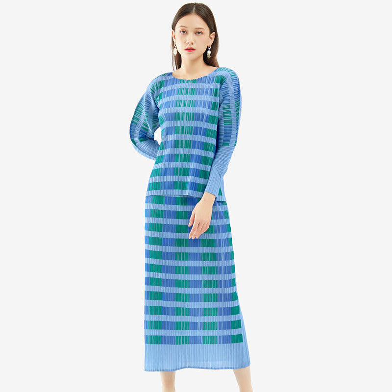 Plaid Printed Suit Women's Elegant Long Sleeve Top Straight Skirt Two-Piece Suit