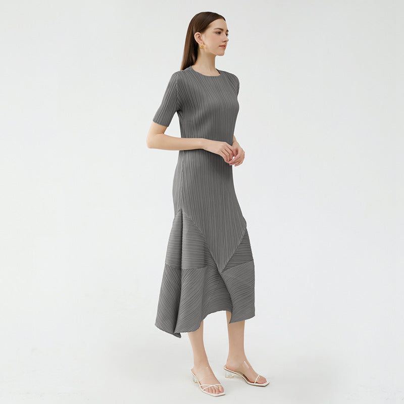 Folding Dress Waist Slim Fit Stitching round Neck Short-Sleeved Mid-Length Asymmetric Skirt