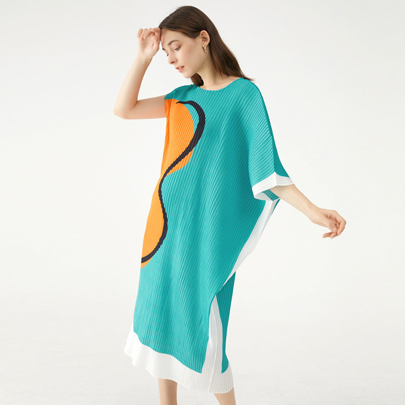 Elegant Dress Crew Neck Casual Style Loose Mid-Length Casual Pleated Women