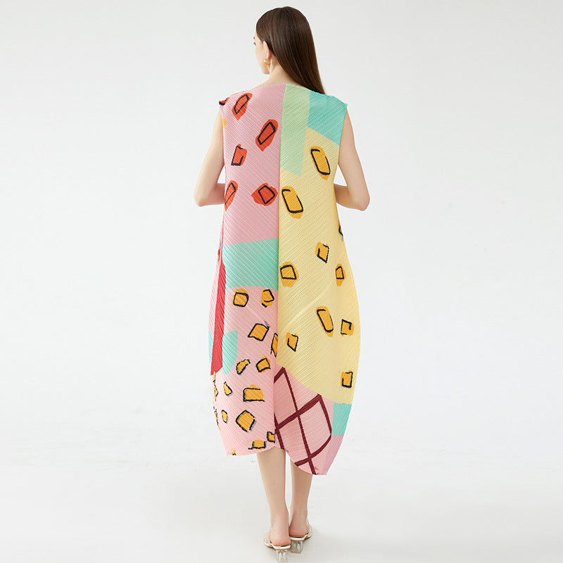 Elegant Style Temperament Pullover Sleeveless round Neck Printing and Dyeing Pleated Umbrella Skirt Dress Women