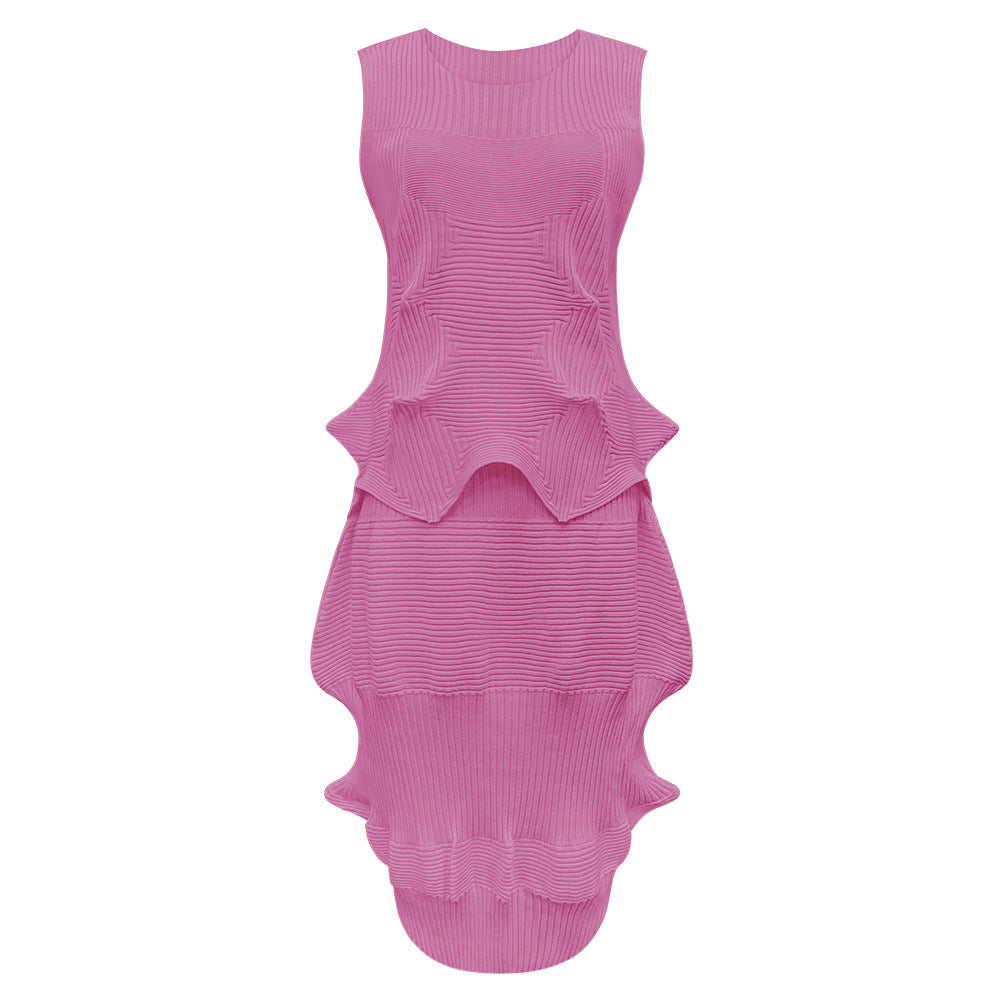 Sea Urchin Knitted Sleeveless Two-Piece Suit Women's Vest Top Bubble Skirt