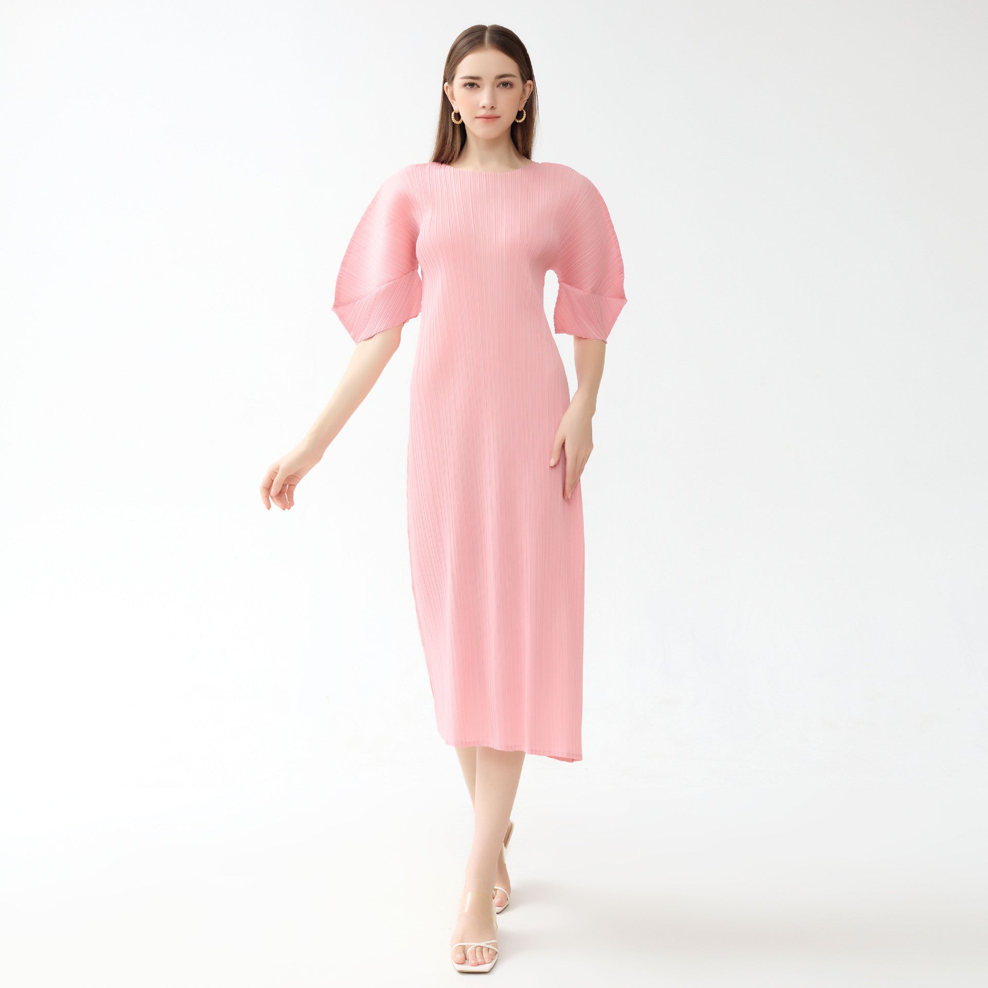 Folding Sleeve Dress Grade Solid Color Casual round Neck Mid-Length Slim Fit A- line Dress Women