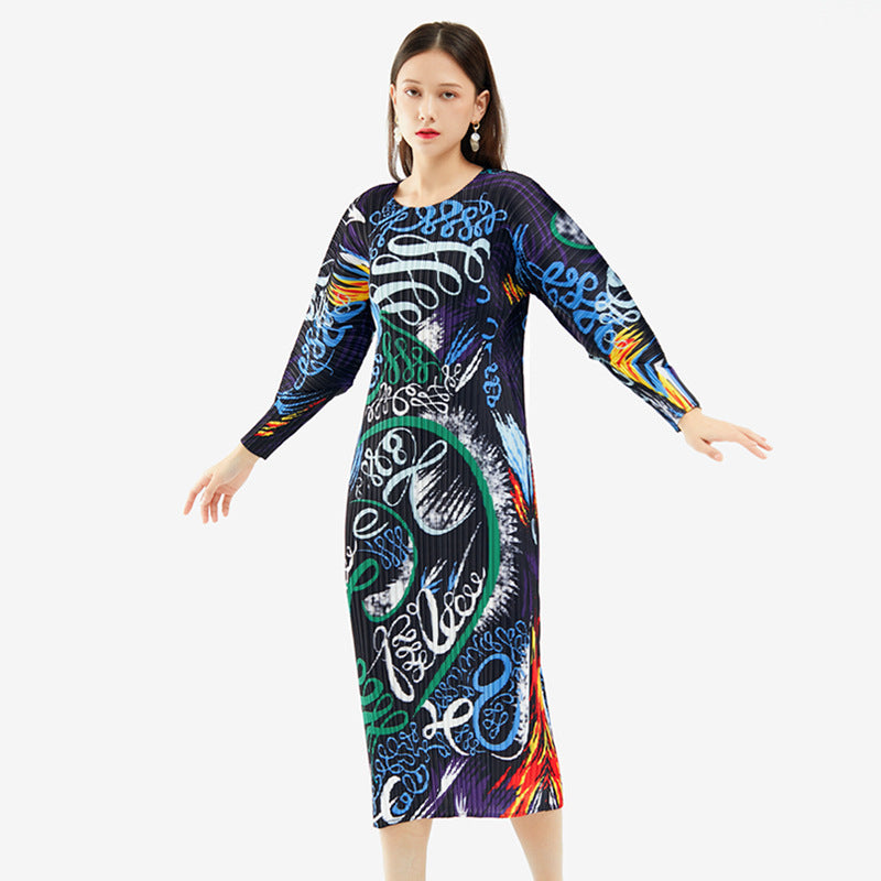 Printed Dress Pleated Waist Tight Slim-Fit Temperament Mid-Length A- line Skirt for Women