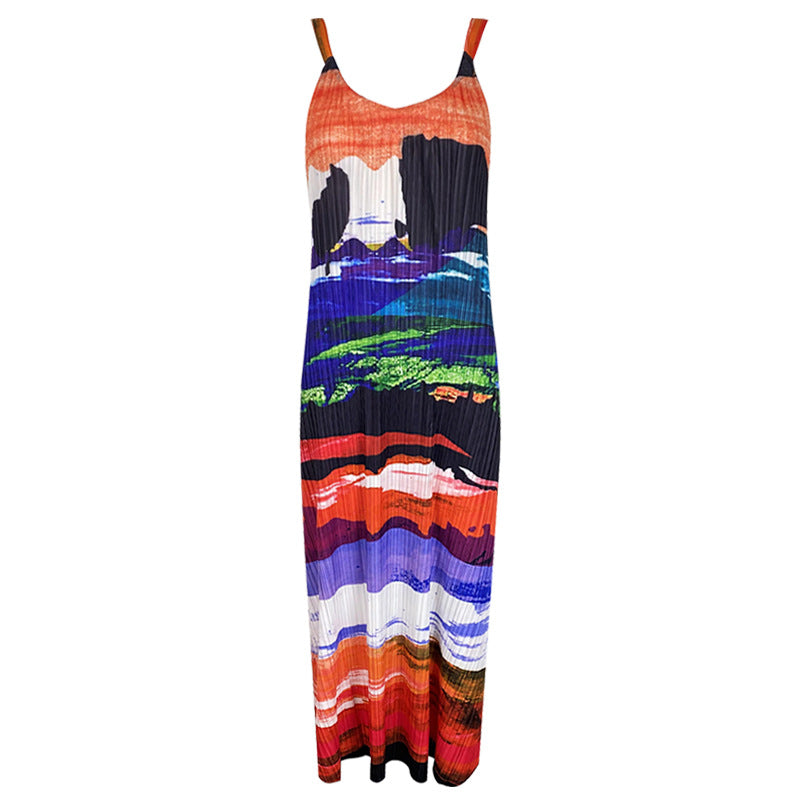 Ink Print Loose Strap Dress Pleated
