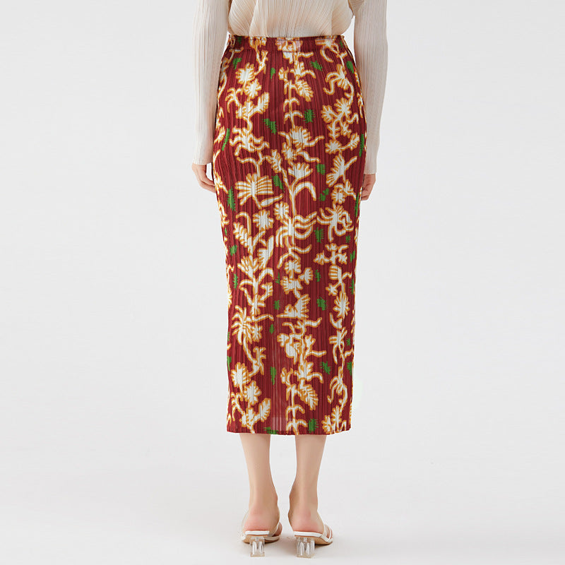 Nanyou Winter Print Waist Slit A- line Skirt Slimming Temperament Sheath Skirt for Women