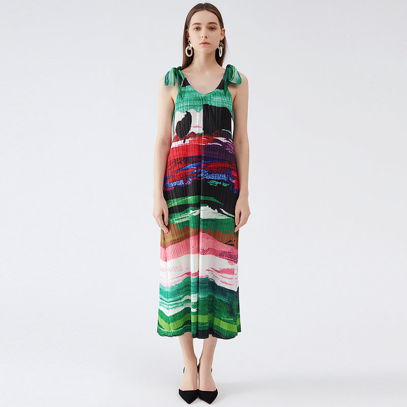 Ink Print Loose Strap Dress Pleated