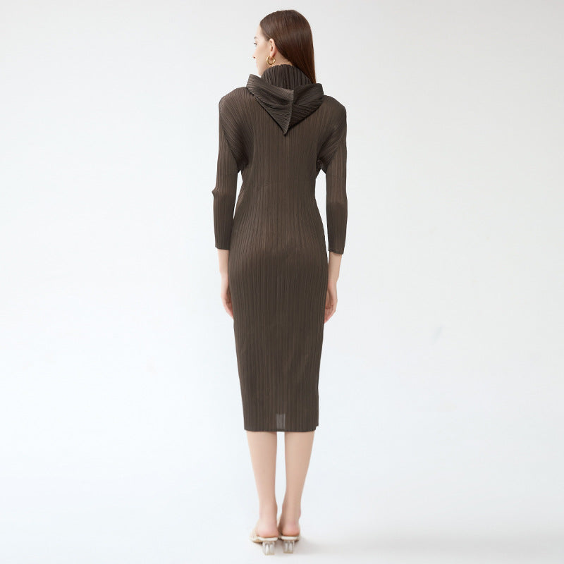 Pleated A- line Dress Solid Color Long Sleeve Slim-Fit Hood Dress Winter Women's Design Sense
