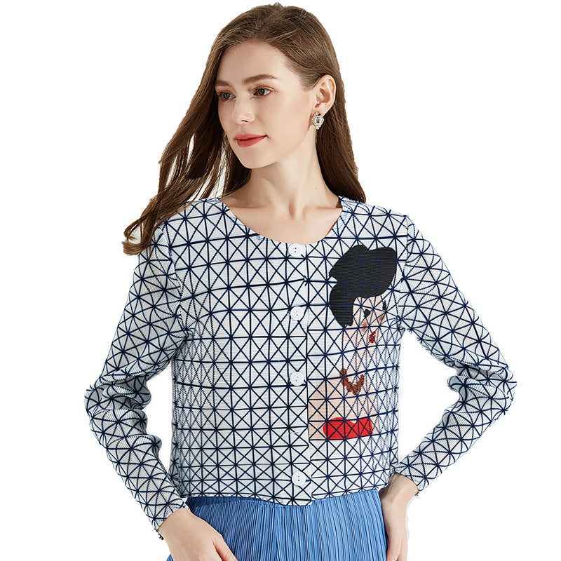 Long Sleeve Autumn Little Plaid Pleated Shirt Simple round Neck Single-Breasted T-shirt Women's Cardigan Coat